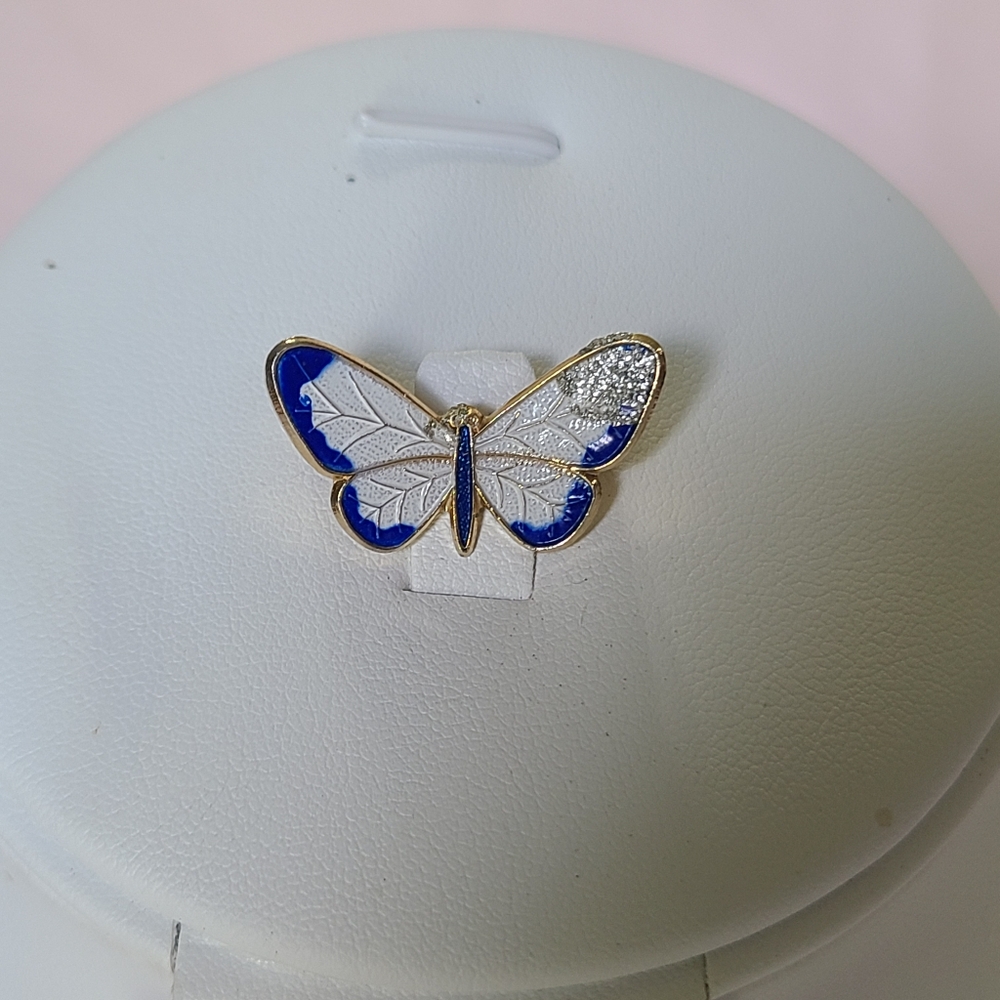 Vintage Small Blue And White Butterfly Enamel Brooch Gold Toned Pin Glitter Dip - Picture 1 of 5